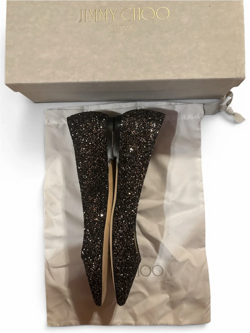 Jimmy Choo Women's Black Glitter Pointed Toe Romy Flats size 39 1/2 NWT’s & box!